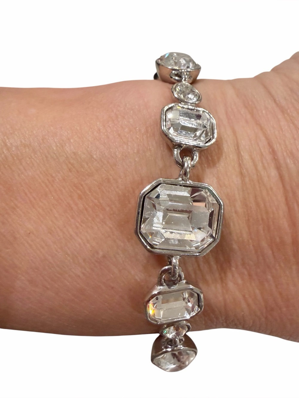 Authentic Givenchy Silver Emerald & Round Cut Rhinestone Statement Bracelet